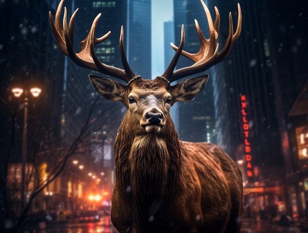 Free photo view of wild elk with urban landscape