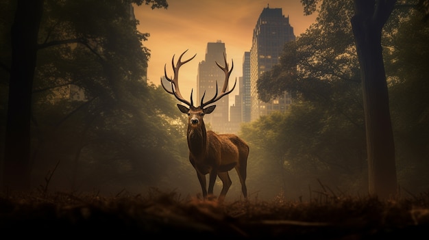 Free Photo view of wild elk with urban landscape