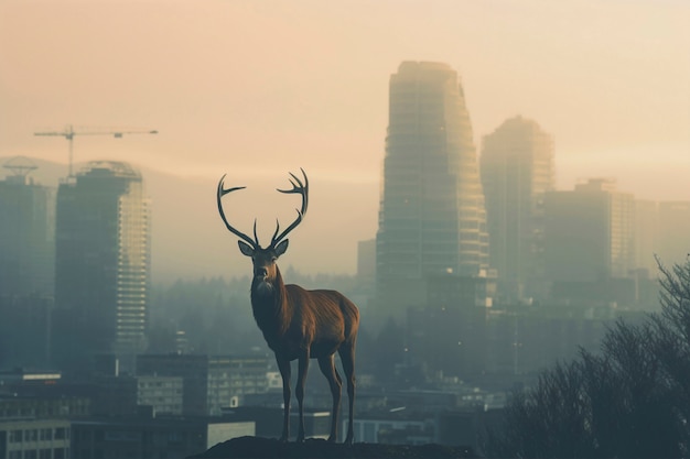 Free Photo view of wild elk with urban landscape