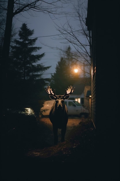 Free photo view of wild elk with urban landscape