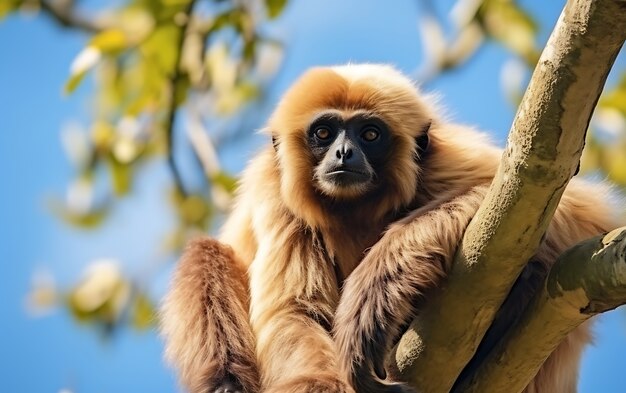 View of wild gibbon ape in tree