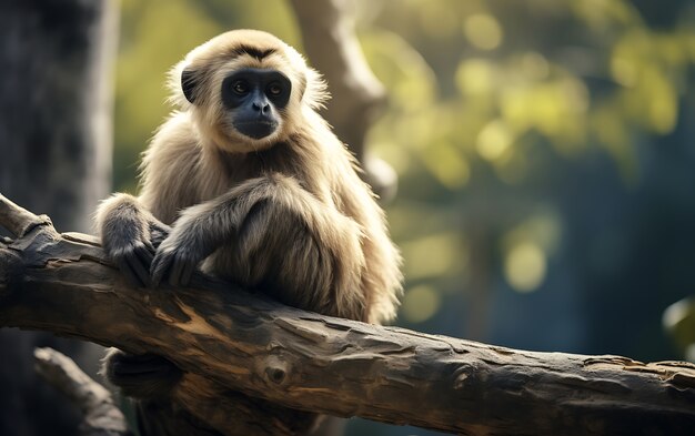 View of wild gibbon ape in tree