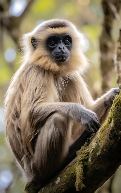 View of wild gibbon ape in tree