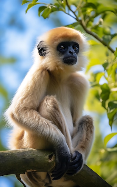 View of wild gibbon ape in tree