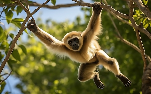 View of wild gibbon ape in tree