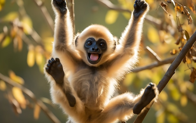 Free photo view of wild gibbon ape in tree