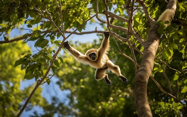 View of wild gibbon ape in tree