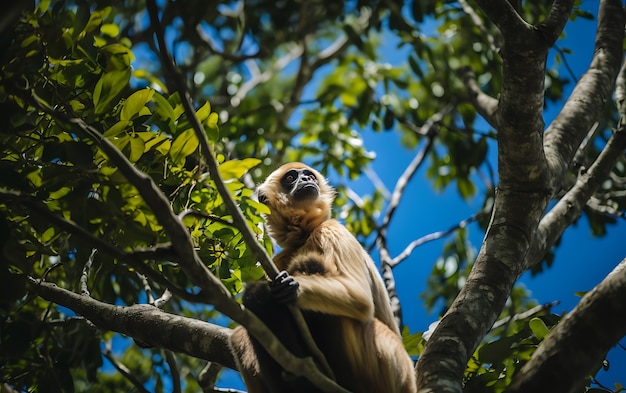 View of wild gibbon ape in tree