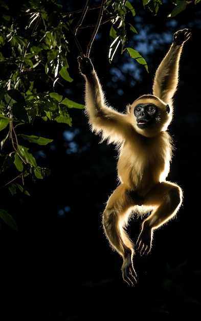 View of wild gibbon ape in tree