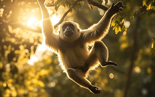 View of wild gibbon ape in tree