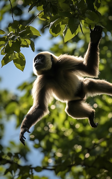 Free photo view of wild gibbon ape in tree