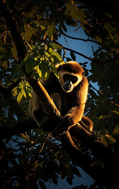 View of wild gibbon ape in tree