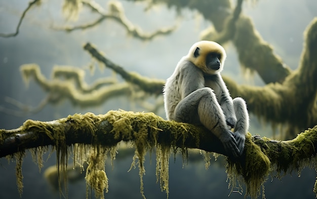 Free photo view of wild gibbon ape in tree