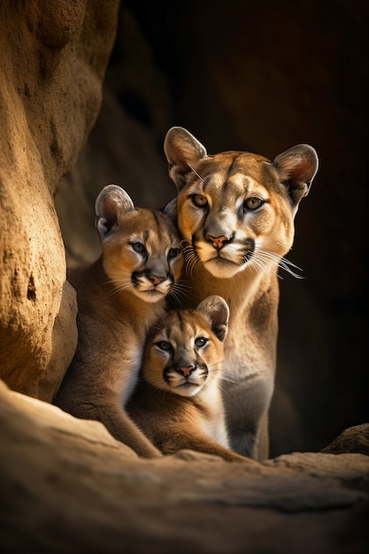 Free photo view of wild puma with cubs in nature