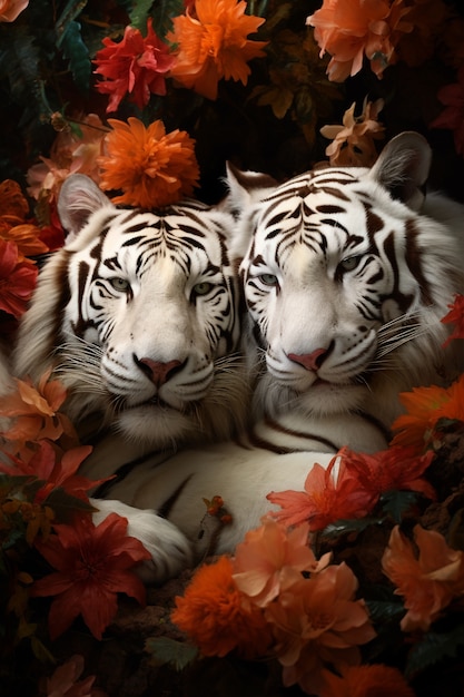 Free photo view of wild white tigers with leaves