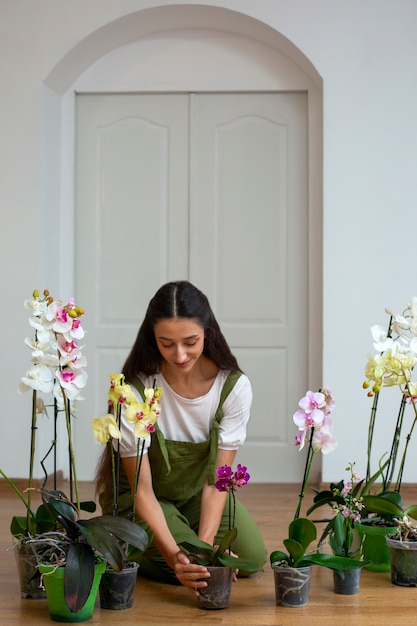 View of woman decorating her home with orchid flower