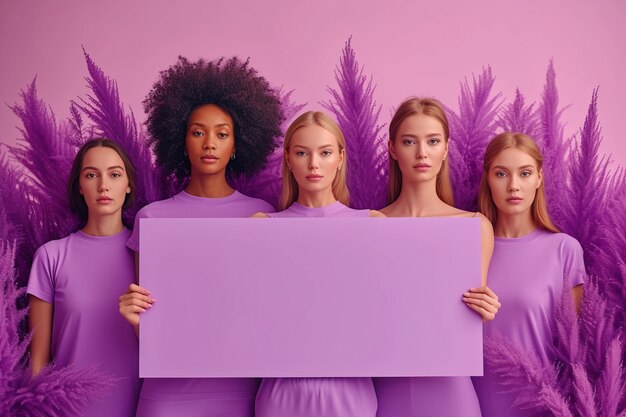 View of woman holding blank purple placard for women's day celebration