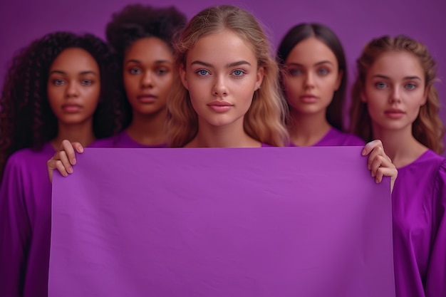 View of woman holding blank purple placard for women's day celebration