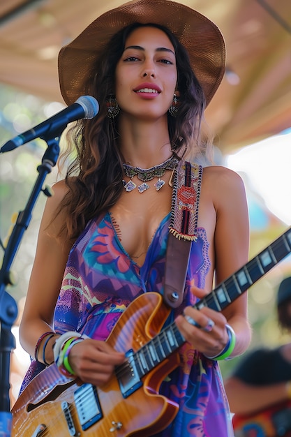 Free photo view of woman playing electric guitar instrument