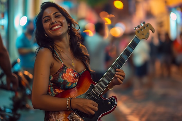 Free Photo view of woman playing electric guitar instrument