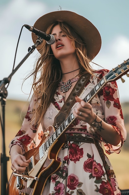 Free Photo view of woman playing electric guitar instrument