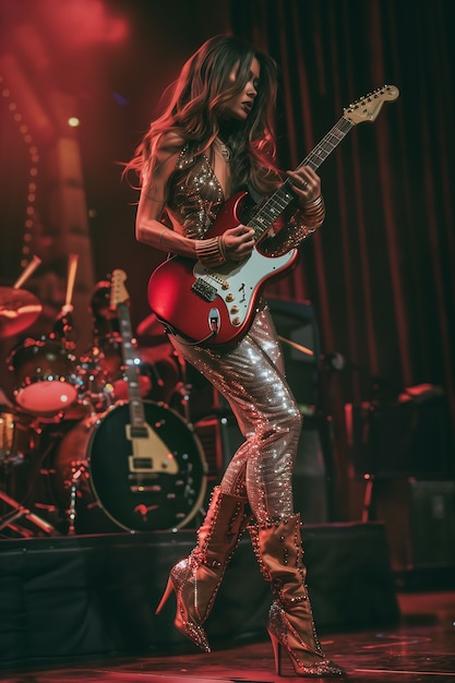 Free photo view of woman playing electric guitar instrument