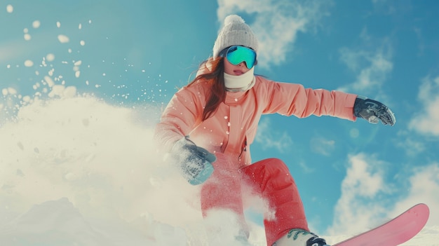 Free photo view of woman snowboarding with pastel shades and dreamy landscape