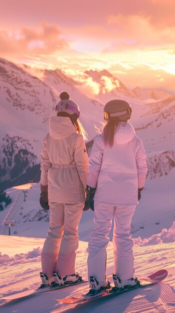 View of woman snowboarding with pastel shades and dreamy landscape