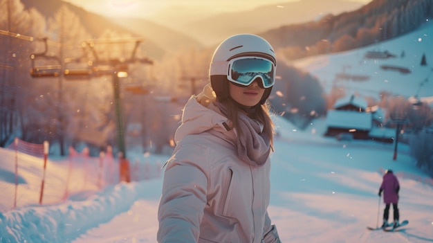 View of woman snowboarding with pastel shades and dreamy landscape