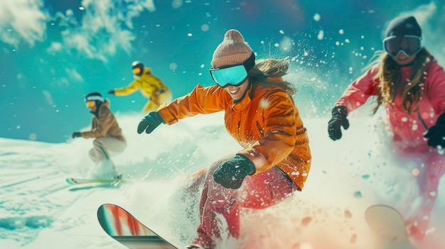 Free photo view of woman snowboarding with pastel shades and dreamy landscape