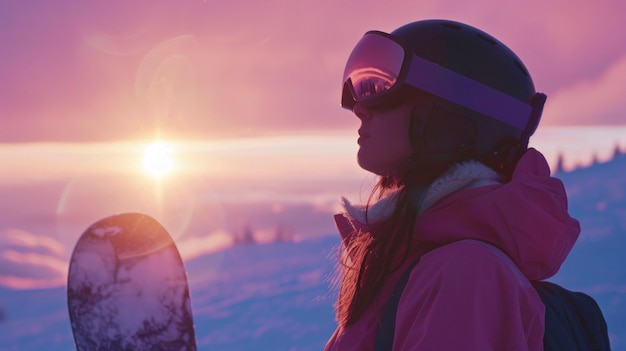 Free photo view of woman snowboarding with pastel shades and dreamy landscape