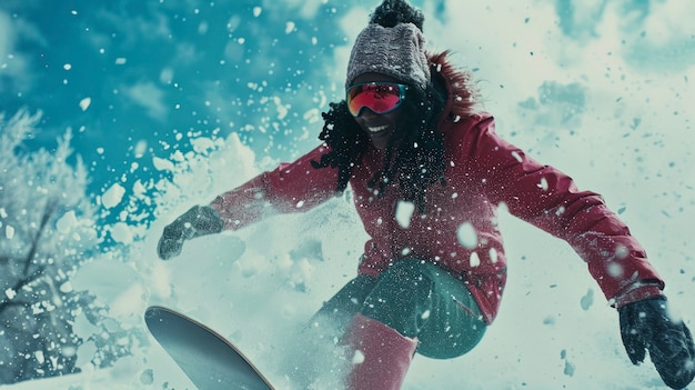 Free photo view of woman snowboarding with pastel shades and dreamy landscape