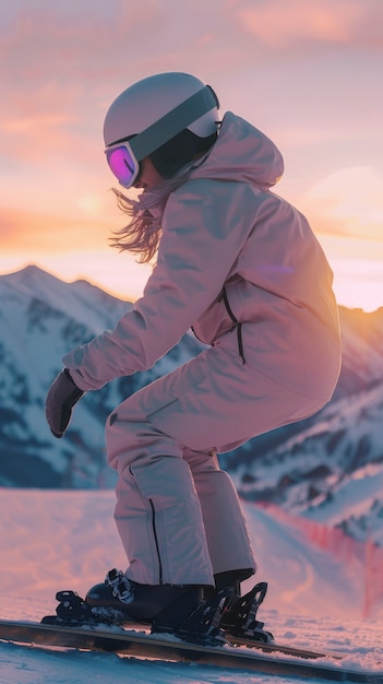 View of woman snowboarding with pastel shades and dreamy landscape