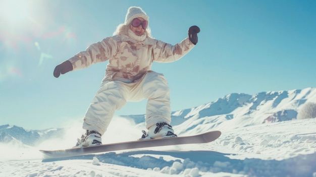 Free photo view of woman snowboarding with pastel shades and dreamy landscape