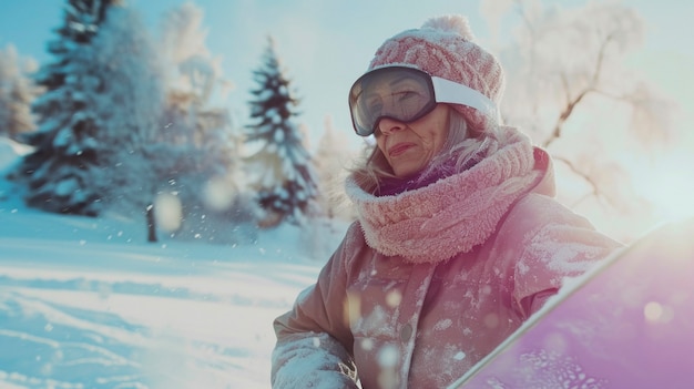 Free photo view of woman snowboarding with pastel shades and dreamy landscape