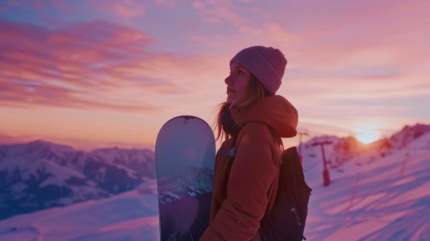 Free photo view of woman snowboarding with pastel shades and dreamy landscape