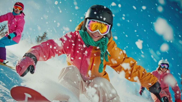 Free photo view of woman snowboarding with pastel shades and dreamy landscape