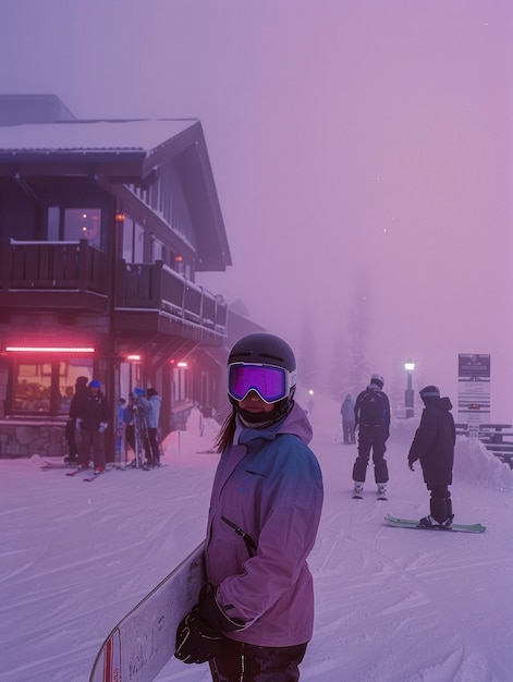 Free Photo view of woman snowboarding with pastel shades and dreamy landscape