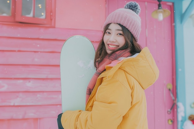 Free photo view of woman snowboarding with pastel shades and dreamy landscape