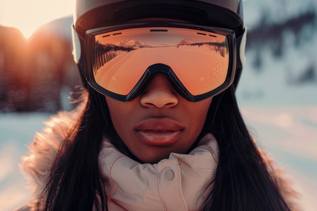 View of woman snowboarding with pastel shades and dreamy landscape