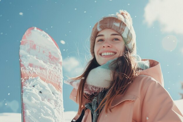 View of woman snowboarding with pastel shades and dreamy landscape