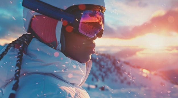 Free Photo view of woman snowboarding with pastel shades and dreamy landscape