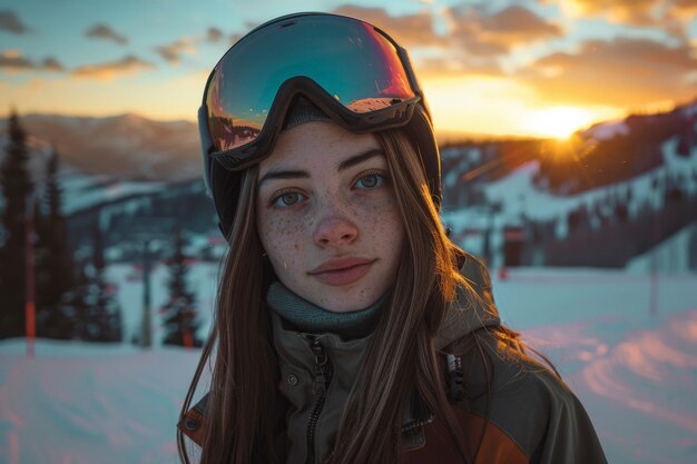 View of woman snowboarding with pastel shades and dreamy landscape