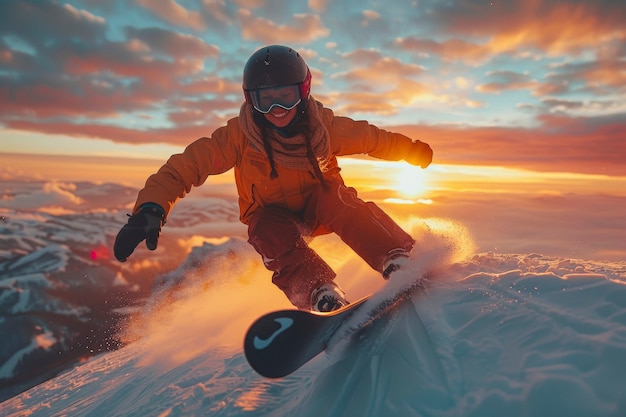 View of woman snowboarding with pastel shades and dreamy landscape