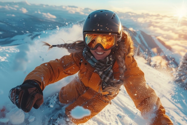 View of woman snowboarding with pastel shades and dreamy landscape