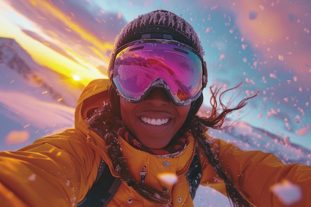 View of woman snowboarding with pastel shades and dreamy landscape