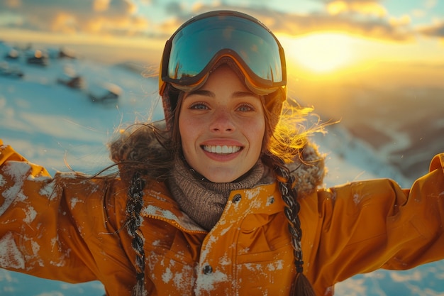 View of woman snowboarding with pastel shades and dreamy landscape