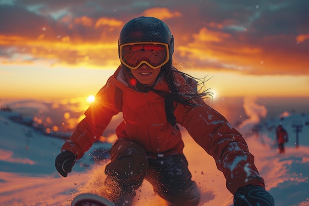 View of woman snowboarding with pastel shades and dreamy landscape