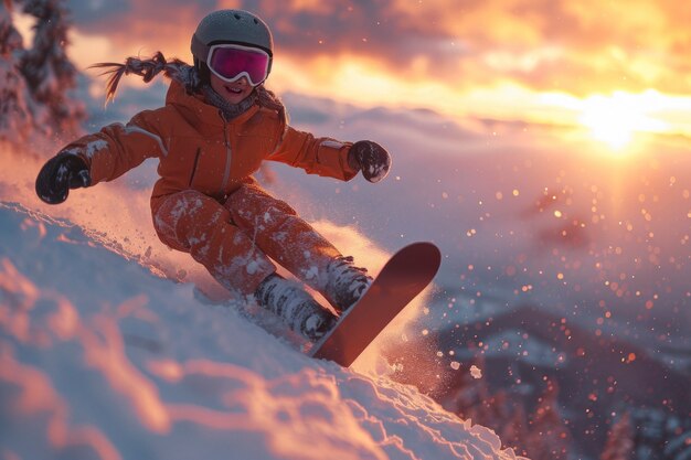 Free photo view of woman snowboarding with pastel shades and dreamy landscape