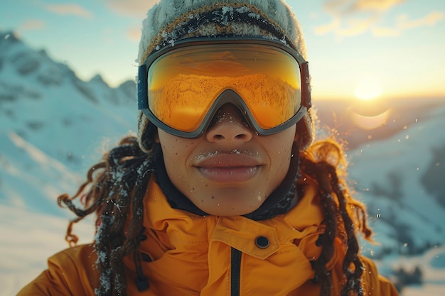 View of woman snowboarding with pastel shades and dreamy landscape